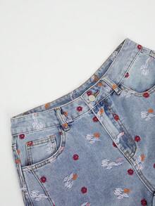 GlowEve 女士休闲日常花卉刺绣水洗斜插口袋宽松牛仔裤