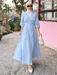 DAZY Women's Elegant Lace Patchwork Textured V-Neck Mid-Length Dress, Spring/Summer Wedding Guest Dress - Blue - View 3