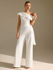 CLARA VERO White Asymmetric Ruffle Top And Wide Leg Pants Set: Slim Fit Waist And Flowing Maxi Length, Perfect For Elegant Evenings Or Modern Engagement Parties, Made In Non-Elastic Double Layer Polyester Featuring Folded Shoulder Draping Side Lace Detail And Concealed Zip - White - View 5