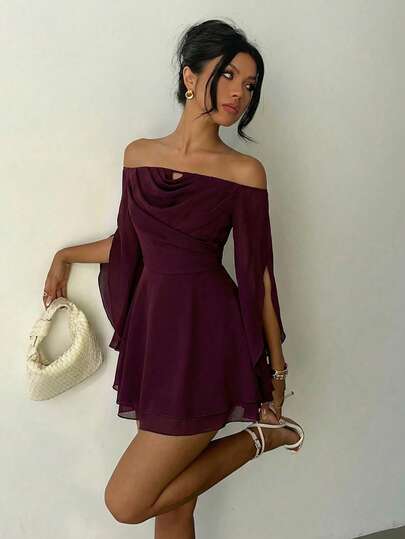 Aloruh Plum Purple Romantic Date Music Festival Tie-Up Long Sleeve Cinched Waist Chiffon Ruffle Hem Mini Dress For Women,Valentine's Day,Summer Holiday Outfits,Wedding Party Dress,Wedding Guest Dress For Women,Birthday Outfit For Women,Vacation Outfits Women