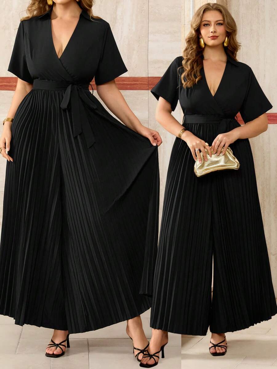 Roveilla 大码纯色休闲简约褶皱基础款连体裤