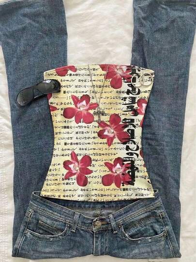 Noixe Y2K Slogan & Floral Digital Print Women Top