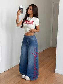 Muchica 女士字母刺绣口袋休闲宽松阔腿牛仔裤 - 藍色 - 查看 1