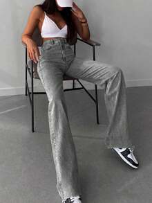 SHEIN Tall 100%纯棉女士斜插口袋休闲直筒牛仔裤 - 灰色 - 查看 4