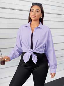 SHEIN Essnce Bộ đồ liền thân hai mảnh dành cho nữ cỡ lớn mùa xuân hè, phong cách thể thao thường ngày thoải mái, rộng rãi, gồm áo sơ mi dài tay màu hồng cài cúc và áo vest đen bó sát, trang phục mùa xuân cho nữ, trang phục sân bay cho nữ, phong cách Y2K, thời trang đường phố. - Màu Lilac Tím - Xem 5