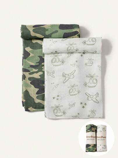 Cozy Pixies 2件装Oeko-Tex认证迷彩卡通飞机图案婴儿襁褓，舒适透气，适合新生儿日常使用。