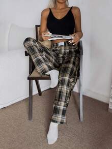 SHEIN 女士休闲格子印花弹力腰直筒家居裤