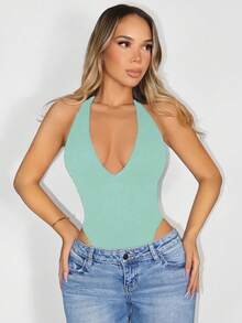 BamGleam Elegant Mint Blue Halter Bodycon Bodysuit Sleeveless Knitted Fabric Cut Out Detail Tummy Control - Mint Blue - View 7