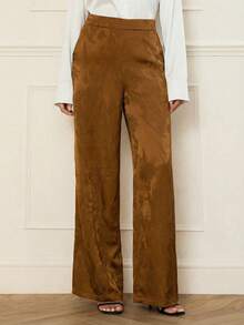 Lilora Pantalones anchos de jacquard de unicolor elegantes y casuales para mujer, clásicos, románticos y elegantes, adecuados para ir al trabajo, pantalones de trabajo de jacquard de cintura alta, pantalones marrones para mujer, pantalones anchos marrones, pantalones con estampado floral sofisticados y elegantes para mujer - Caqui - Ver 5