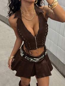 StreetHx Áo crop top denim không tay, màu trơn, buộc dây, khóa kéo, cổ yếm, hở lưng, gợi cảm dành cho nữ. - màu nâu - Xem 7