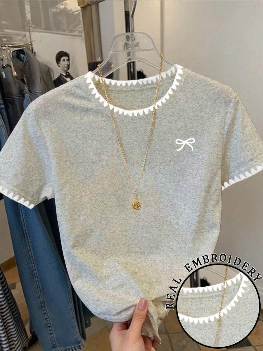 SHEIN 女士休闲蝴蝶结印花下摆圆领短袖T恤,夏季 - 灰色 - 查看 1