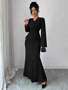 SHEIN Elenzya Women's Elegant Long Red Dress, New Year Dress, New Year Outfit, Thanksgiving Outfit, Elegant Party Dress, Long Party Dress, Wedding Guest Dress, Fashion Wedding Evening Gown - Black - View 6