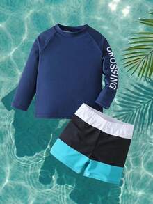 SHEIN 2 Piece Young Boys Boy Set Of Casual Sports Swimsuit For Little Boys, With Holiday Style Pattern Tight Fitting Upper And Swim Pants Adjusted, Children's Clothing, Suitable For Outdoor Swimming, Beach Play, Vacation Wear, Suitable For Spring, Summer, Autumn, Winter Seasons - Navy Blue - View 10