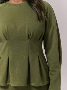 MUSERA Plus Cinched Waist Flared Hem Balloon Sleeve Sweatshirt Top Only Classy Cute Sexy Streetwear   Night Out Curve Spring - Army Green - View 5