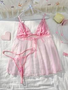 PetitDoll 两件套加大码蕾丝网纱内衣套装 - 淺粉色 - 查看 2