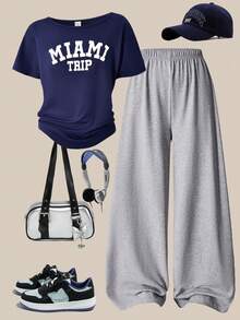 SHEIN Sparklyn 2件套 少女休闲时尚露肩字母印花宽松T恤和阔腿灰色裤子，春夏款 - 彩色 - 查看 3