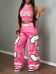 Slaydiva New Summer Casual Screenshots Sexy Sports Style Ball Suit Round Neck I-Shaped Vest Slogan Logo White Letter Print Truncated Red Vest + Wide-Leg Pants Trousers 23 Numbers Red Camouflage Striped Print Woven Pants Ladies Two Pieces Suit-B Pink 2 Piece Set Women - Pink - View 4