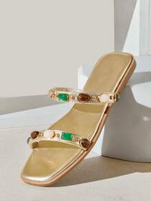 SHUZIA Women's Minimalist Comfortable, , Double Band Slip-On Flat Sandals With Metal Ornaments Valentine's Day - Gold - View 9