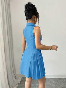 Elenzga Vestido mini elegante de mujer de unicolor con botones delanteros y sin mangas - Celeste - Ver 2