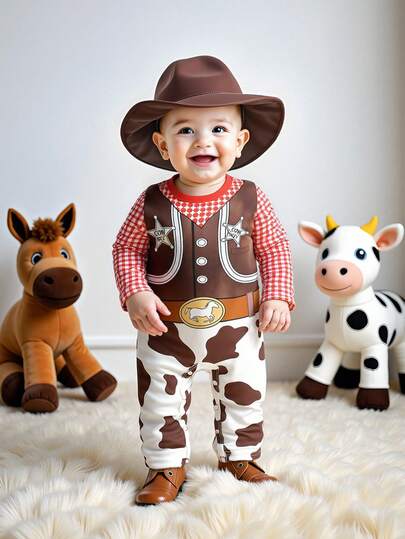 SHEIN Playful Pals Newborn Baby Cute Western Cowboy Style Cartoon Colorful Print Long Sleeve Romper With Brown Hat, Suitable For Halloween Costume Play Or Photo Shooting, Funny & Adorable All-In-One Outfit For Everyday Wear, Autumn/Winter