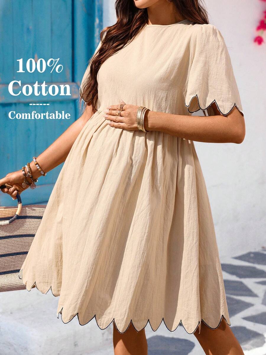 SHEIN Maternity Casual Round Neck Short Puff Sleeve Curved Hem Dress - White - View 1