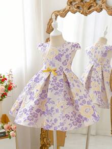 SHEIN Glamorique Kids 女童优雅提花公主裙，适合节日、派对、聚会、夏季穿着 - 淡紫色 - 查看 8