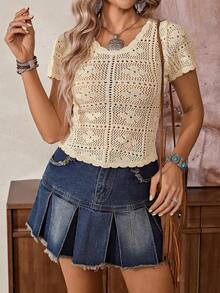 LanaWest Women's Casual Western Hollow Floral Knit Sweater Top - Apricot - View 3