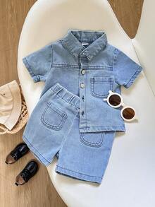 SHEIN Playful Pals 2pcs Baby Girls Collared Short Sleeve Pocket Button Denim Shirt Top+Elastic Waist Shorts Vintage Light Blue,Summer,Casual,City Break Outfit For Play - Light Wash - View 1