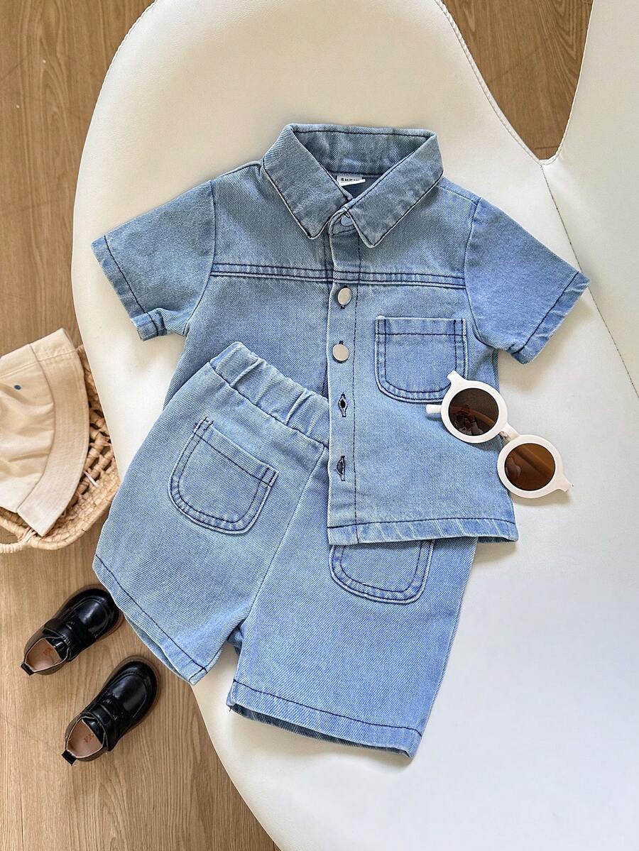 SHEIN Playful Pals 2pcs Baby Girls Collared Short Sleeve Pocket Button Denim Shirt Top+Elastic Waist Shorts Vintage Light Blue,Summer,Casual,City Break Outfit For Play - Light Wash - View 1