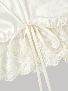 SHEIN MOD Women's Apricot Satin Lace Hem Bell Sleeve Blouse,Carnival Costumes,Valentine's Day,Tea Party ,Spring/Summer Outfits,Beach Outfits,Boho ,Elegant Outfits, White Blouse, Cream Blouse, Cream Top, Elegant Top - Apricot - View 7