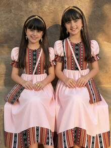 Tween Girls' Elegant Geometric Print Puff Sleeve Patchwork Dress, Summer