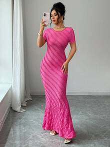 SHEIN Elenzya Đầm chữ A thanh lịch, lãng mạn, khoét lưng, ôm eo, chất liệu vải dệt kim, tay ngắn, cổ tròn. - Màu Hồng Tươi - Xem 4