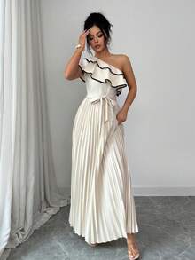 Elenzga 女士杏色撞色黑色系带腰部荷叶边露肩中长连衣裙，优雅的A字腰带设计，高品质精致风格，适合生日、约会、派对、工作、上学、度假、春夏等场合。 - 杏色 - 查看 3