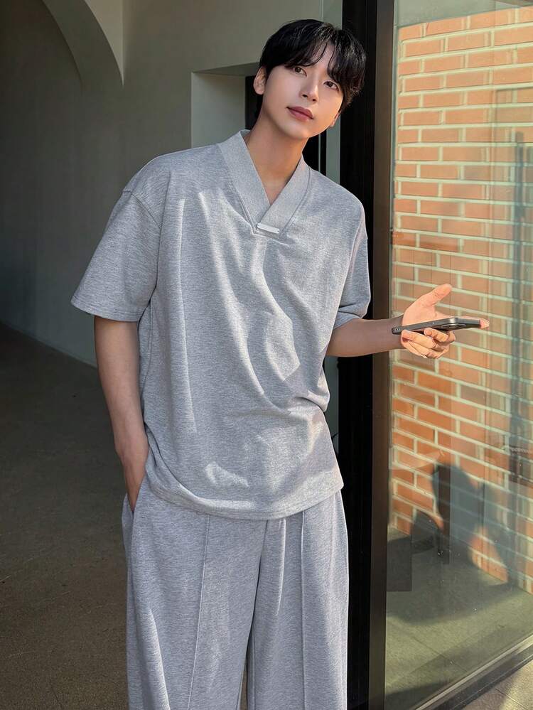 Men's Grey Short Sleeve T-Shirt And Pants Set, Spring/Summer