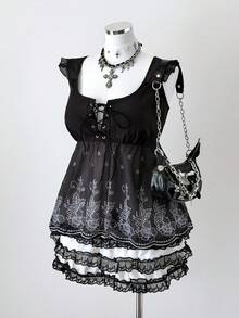 Sunspun Plus Size Women Polka Dot Floral Print Chiffon Criss-Cross Tie Strap Flutter Sleeve A-Line Blouse - Black and White - View 7