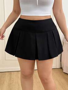 CovetEZ Plus Size Women Solid Color High Waist Casual Versatile Pleated Skirt - Black - View 4