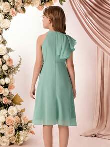 Pitira Vestido de dama de honor de gasa verde sólido con volantes en los hombros y la cintura, con silueta evasé hasta la rodilla, adecuado para niña de las flores, temporada de bodas, Día de San Valentín, fiestas, cumpleaños, festivales de primavera y otras ocasiones - Verde - Ver 2