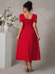 Momance Square Neck Puff Sleeve Waist Button Front Slit Sexy Maternity Dress