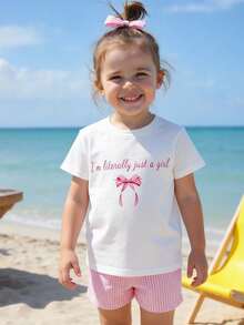 SHEIN 2件套，适合4-7岁女童，花朵樱花字母印花圆领短袖T恤+樱花短裤，轻薄面料，可爱花朵短袖短裤套装，休闲夏季装扮 - 彩色 - 查看 2