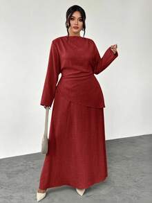 Firerie 大码春夏秋冬优雅休闲办公两件套：长袖不对称褶皱腰身修身衬衫 + 常规A字裙 - 酒紅色 - 查看 3