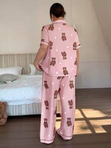 Dream Adore Conjunto de pijama de cárdigan con volantes y estampado de corazones y osos para mujer de talla grande - Rosa - Ver 2