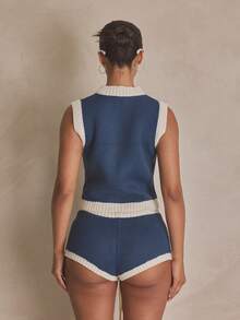 MUSERA Knit Graphic Contrast Zip Through High Neck Crop Jumper Top Summer, Sporty, Casual, Day, Streetstyle, Streetwear - Multicolor - View 4