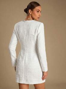 Enchnt Elegant Fitted Square Neck Long Sleeve Dress For Women - White - View 2