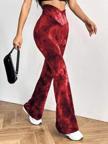 SHEIN EZwear 酒红色加大码扎染弹力舒适修身喇叭裤，夏季 - 酒紅色 - 查看 6