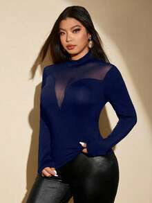NU&NOW Plus Size Women Solid Color Mesh Long Sleeve High Neck Slim Fit T-Shirt For Spring - Navy Blue - View 5