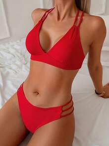 Swim Basics 純色中空細節比基尼泳衣套裝 - 紅色 - 查看 1