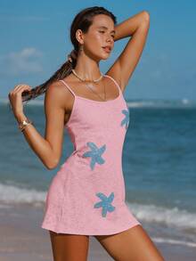 Swim Mod Đầm che phủ năng động màu xanh bạc hà với họa tiết sao biển 3D tua rua, thanh lịch dành cho nữ, thích hợp cho kỳ nghỉ. - Hồng - Xem 4