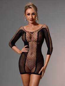 SpicyHot 性感火辣睡裙，采用交叉渔网和薄纱元素，为夜晚氛围增添火热魅力。 - 黑色 - 查看 1