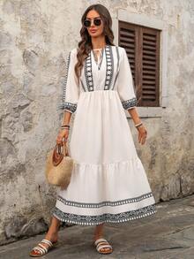 EMERY ROSE 女士休闲度假风几何印花扭结领荷叶边下摆收腰长连衣裙，春秋季 - 彩色 - 查看 6