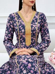 Al Najma Women's Elegant Floral Print V-Neck Long Sleeve Arabic Style Dress With Ribbon Trim - Navy Blue - View 6